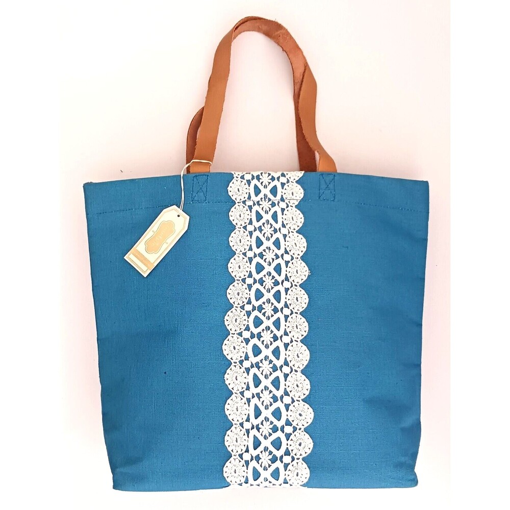 NWT Mud Pie Bliss Lg Tote Cerulean Blue White Lace Trim Leather Double Straps